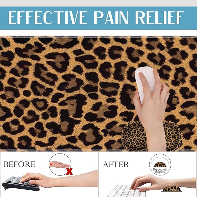 3-in-1 Large Mouse Pad Gaming Set (31.5 x 11.8 inch)+ Wrist Rest Pad + Coaster Memory Foam Gel Wrist Rest Pad for Pain Relief Stitched Edges Non-Slip Table Mat Brown Leopard Print