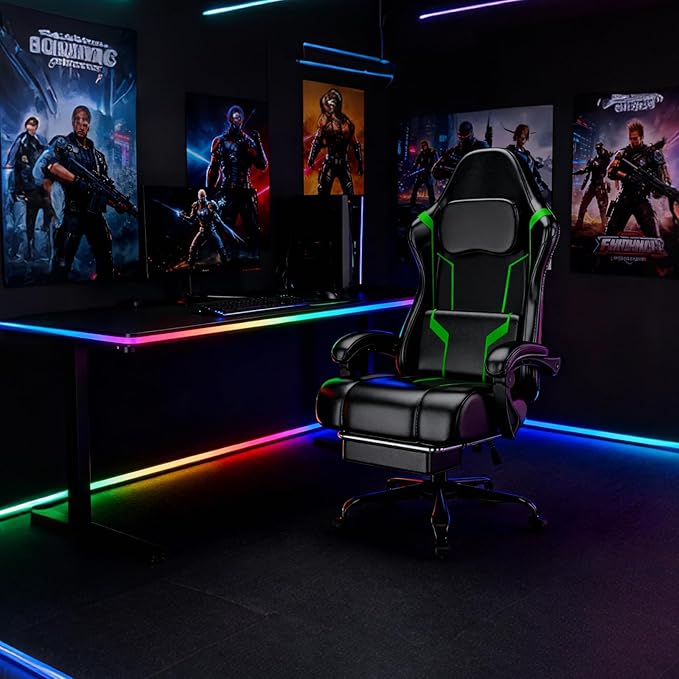 Gaming Chair with Pocket Spring Cushion and Footrest Ergonomic Computer Chair for Adults Breathable PU Leather Game Chair Adjustable Headrest and Lumbar Support Office Desk Chair
