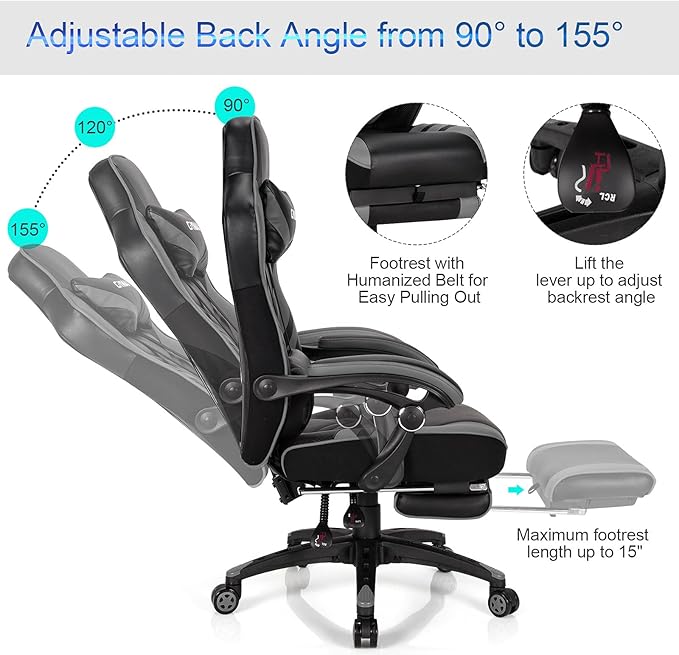GYMAX Gaming Chair Ergonomic Computer Chair with Footrest Linkage Armrests &amp Lumbar Cushion Big Wide High Back Video Gaming Chair Reclining Office Rolling Chair for Adult/Teens (Gray)