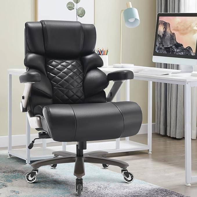 700lbs Big and Tall Office Chair - Adjustable Lumbar Support Heavy Duty Metal Base Quiet Rubber Wheels High Back Large Executive Computer Desk Swivel Chair Ergonomic Design for Back Pain Black