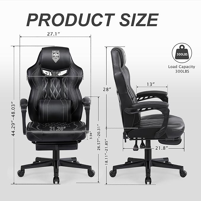 Vonesse Gaming Chair Computer Office Chair with Footrest Reclining Gaming Chairs for Adults Big and Tall Ergonomic Gaming Chair with Lumbar Support and Massage (Black)