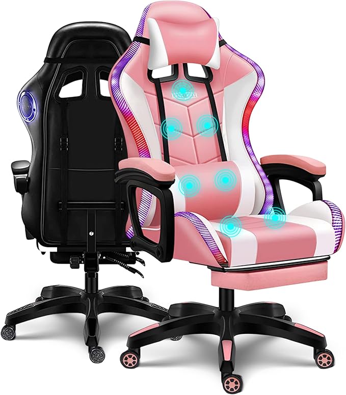 Gaming Chair for Adults with Speakers Massage Computer Office Chair RGB Gamer Chair with Footrest and Lumbar Support Music Video Game Chair High Back PU Leather Ergonomic Desk PC ChairPink