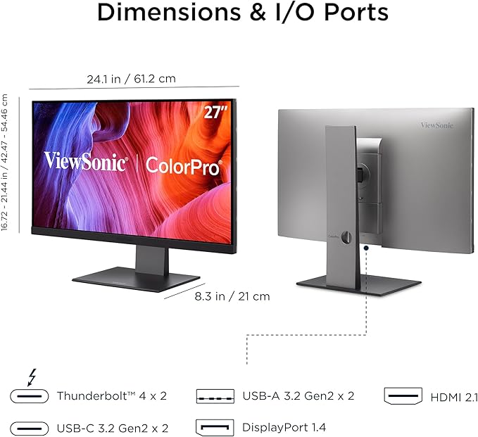 ViewSonic VP2788-5K 27 5K Mac-Ready Monitor with 100% sRGB 99% DCI-P3 Pantone Validated Advanced Ergonomics Thunderbolt 4 USB Hub HDMI and DP for Home and Office