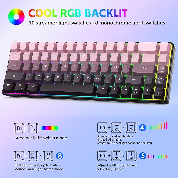 68 Keys Mechanical Gaming Keyboard Gradient Color Wired Keyboard with RGB Backlit &amp Multimedia Function ABS Injection Keycap Hot Swap Mechanical for PC (Gradient Pink)