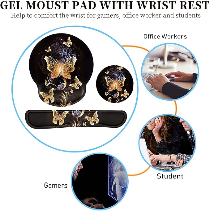 Keyboard Wrist Rest and Mouse Pad Wrist Support Set with Coffee Coaster Non-Slip PU Base for Gaming and Office Comfortable &amp Lightweight for Easy Typing &amp Pain ReliefGold Butterfly