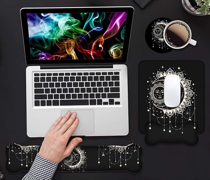 Wrist Rest Support Ergonomic Gel Mouse Pad and Memory Foam Keyboard Set Non-Slip Rubber PU Base for Home Office Working Studying Easy Typing &amp Pain Relief Celestial Theme Sun with Crescent Moon