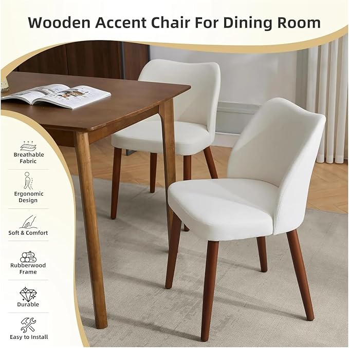 Adjustable Office Computer Chair with Armrest 2pcs Linen Fabric Upholstered Dining Chair with Sold Wood Legs Wing Backrest(White)