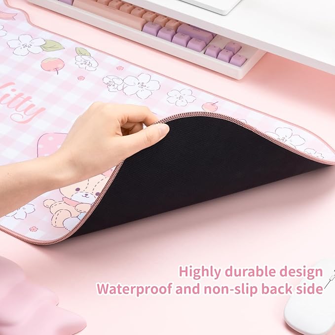 Kawaii Anime Mouse Pad Wrist Rest Support Set - Non-Slip Desk Mat and Memory Foam Bowknot Wrist Rest for Keyboard and MousePerfect for Gaming or Home Office Work - FlowerCat