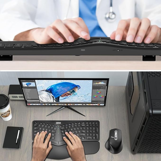 Arteck Split Ergonomic Keyboard with Cushioned Wrist and Palm Rest 2.4G USB Wireless Comfortable Natural Ergonomic Split Keyboard for Windows Computer Desktop Laptop