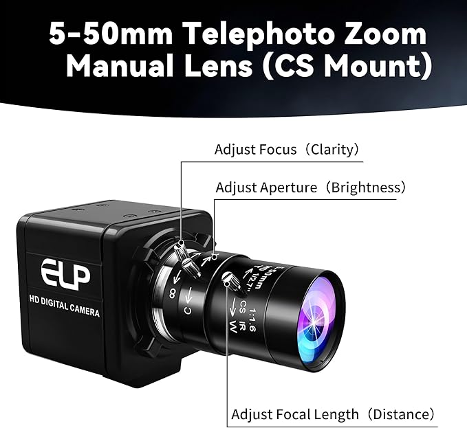 Magnolia USB Camera 8MP 10X Optical Zoomable Webcam with CS 5-50mm Varifocal Manual Lens CMOS IMX179 Sensor Webcam Zoom in and Out Industrial Camera Plug and Play for Linux Windows Raspberry Pi