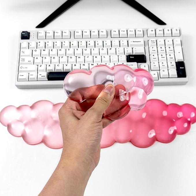 Ergonomic Cloud Silicone Gel Keyboard and Mouse Wrist Rest Set – Clear Wrist Rest for Computer Keyboard 60%/68%/75% Comfort &amp Support for Typing and Gaming (White Pink)
