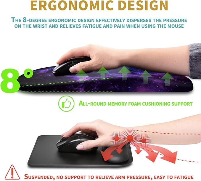 Hokafenle Ergonomic Mouse Pad Wrist Support with Massage Design Wrist Rest Pain Relief Mousepad with Memory Foam&ampNon-Slip PU Base Mouse Pads for Wireless Mouse &amp Desk (12x8 inchGalaxy)