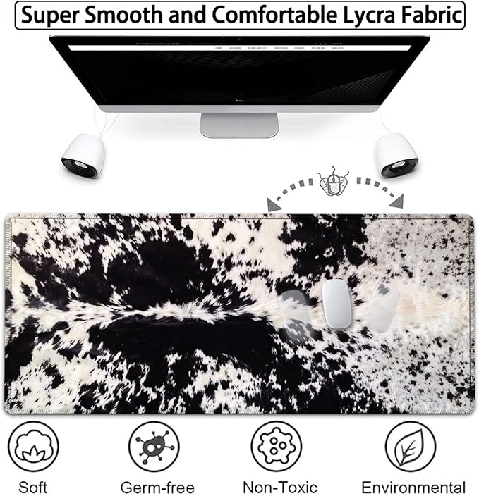 Large Gaming Mouse Pad 31.5x11.8 in Extended Computer Mouse Mat with Non-Slip PU Base Ergonomic Memory Foam Keyboard Wrist Rest for Work &amp Gaming Office Desk Pad Black White Cowhide Fur