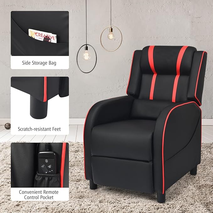 8AM Office Gaming Massage Recliner Sofa Ergonomic PU Leather Gaming Recliner Sofa with Footrest Lumber Support Side Pouch &amp Remote Control for Gaming Living Room Theater (Red)