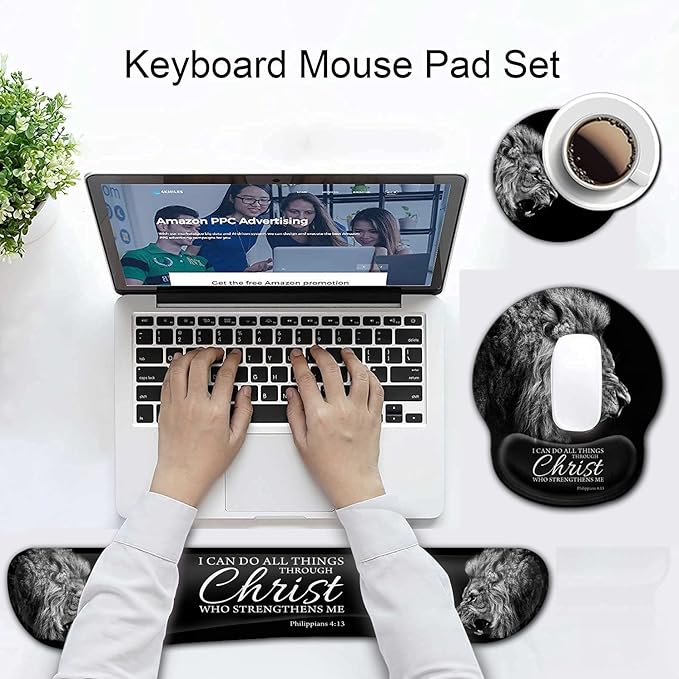 Ergonomic Mouse Pad Gel Wrist Support and Memory Foam Keyboard Wrist Rest Set for Gaming Computer Office Laptop Easy Typing Wireless Mouse Mat Fierce Lions Philippians 4:13 Verse Black Desk Pad