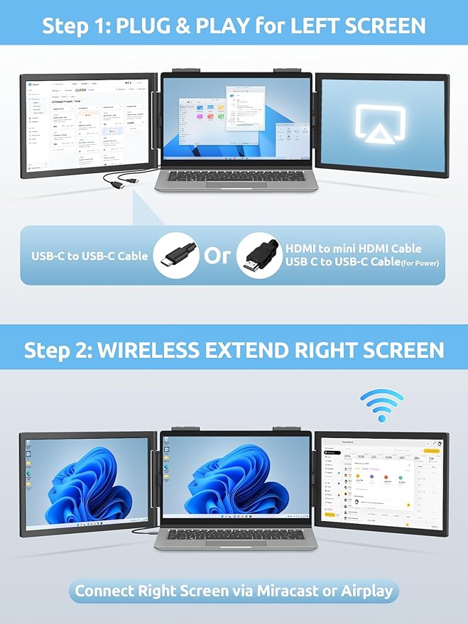 Dual Laptop Screen Extender 14 1080P IPS Wireless &amp Wired Portable Triple Monitor Hybrid Connection (1 Cable + Wireless) for 13.3-16.1 Laptops Support MacBook M1-M5 Series&amp Windows(No Spe