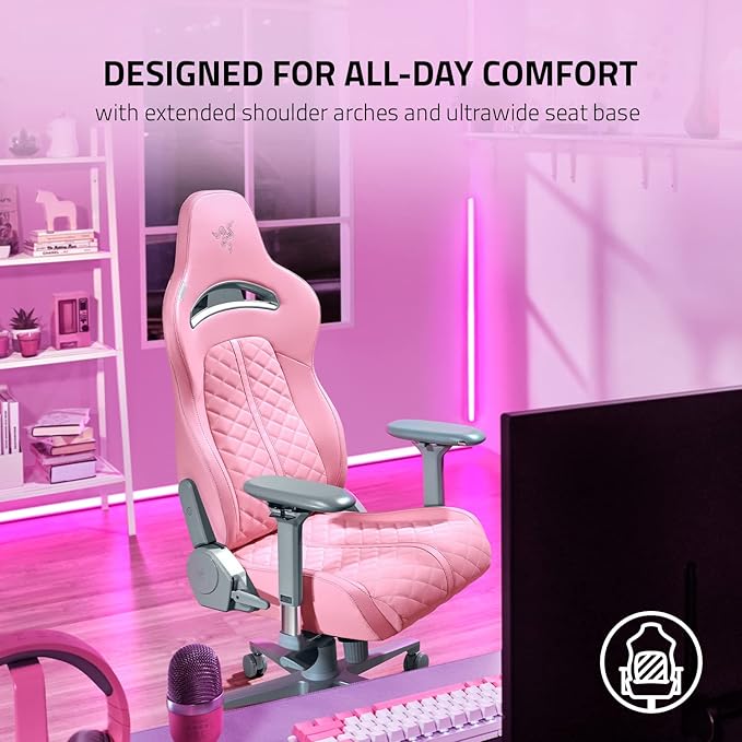 Razer Enki Gaming Chair: All-Day Comfort - Built-in Lumbar Arch - Optimized Cushion Density - Dual-Textured Eco-Friendly Synthetic Leather - Reactive Seat Tilt &amp 152-Degree Recline - Pink