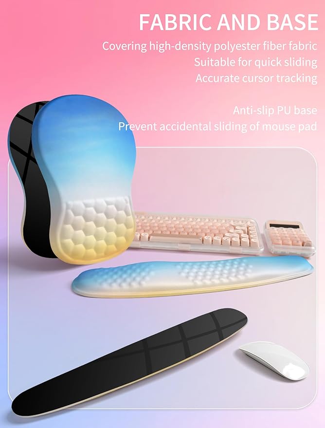 Hokafenle 2in1 Combination Wave Keyboard Wrist Rest and Ergonomic Curvature Mouse Pad Wrist Support for Relieve Wrist Pain Filled with Soft Cushion Memory Foam Sunrise