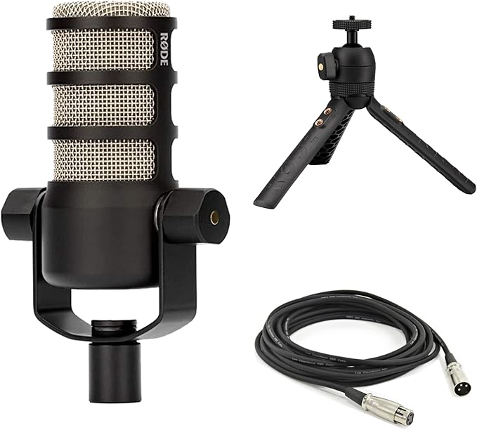 Rode PodMic Dynamic Podcast Microphone with Rode Tripod Desktop Mic Stand XLR Cable and StreamEye Polishing Cloth