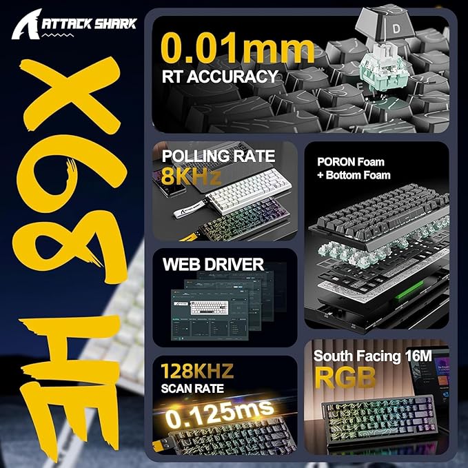ATTACK SHARK X68 HE 8000Hz Rapid Trigger Keyboard 0.01mm RT Accuracy Wired Gaming Keyboard with Magnetic Switch Adjustable Actuation Rapid Trigger Snap Tap RGB Lighting for PC/Mac White Contours