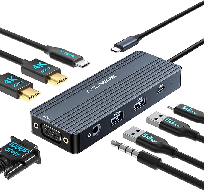 USB C Docking Station Dual MonitorsLaptop Docking Station with Dual HDMI 4K@60HZ1*VGA 1080P@60HZ2 * 5G USB A1 * 5G USB C3.5MM AudioPD100W8 in 1 Dock Station for MacBook/Windows (Grey)