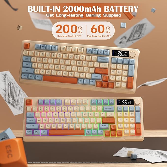 ZIYOU LANG M96 Wireless Gaming Silent Membrane KeyboardDisplay Screen &amp Knob with Multimedia Keys Dual Mode Bluetooth/2.4GhzRainbow Backlight 94Keys Ball Shape PBT Keycap ANSI Layout for Win/Mac