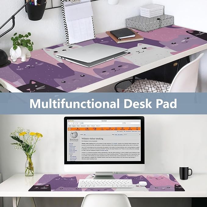 Mouse Pad Desk Mat Leather Desk Pad Large Gaming Desk Cover Protector Mat for Keyboard Computer Laptop Office Waterproof 47.2 x 23.6 Inch Pink and Purple Cats