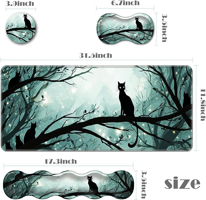Ergonomic Keyboard Wrist Rest &amp Mouse Pad Wrist Rest SetXL Gaming Desk Mat 31.5x 11.8Non-Slip BaseMemory FoamEasy Typing Pain Relief for Office &amp HomeCats in Moonlit Forest
