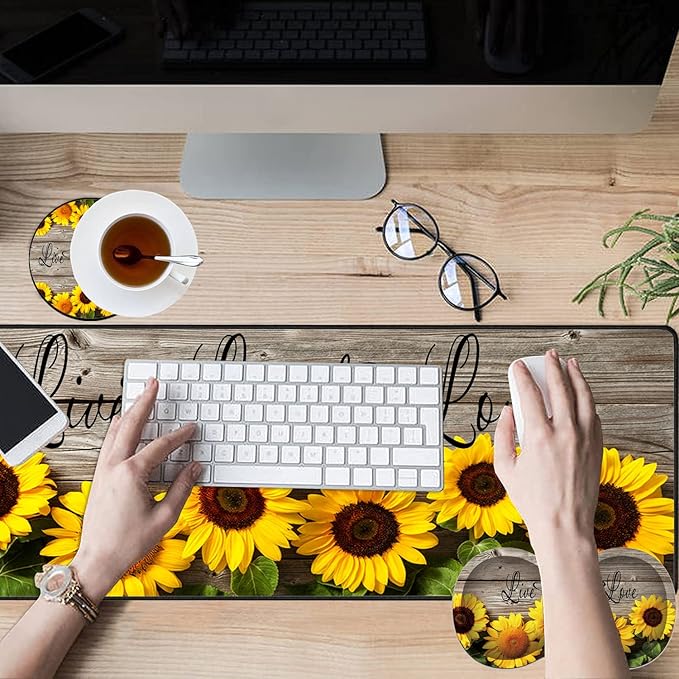 Large Game Mouse Pad + Wrist Support Pad + Coffee Coaster Sunflower Quote Live Love Laugh Foldable Table Mat with Stitched Edge Non-Slip Set Pad Suitable for Office Work and Home