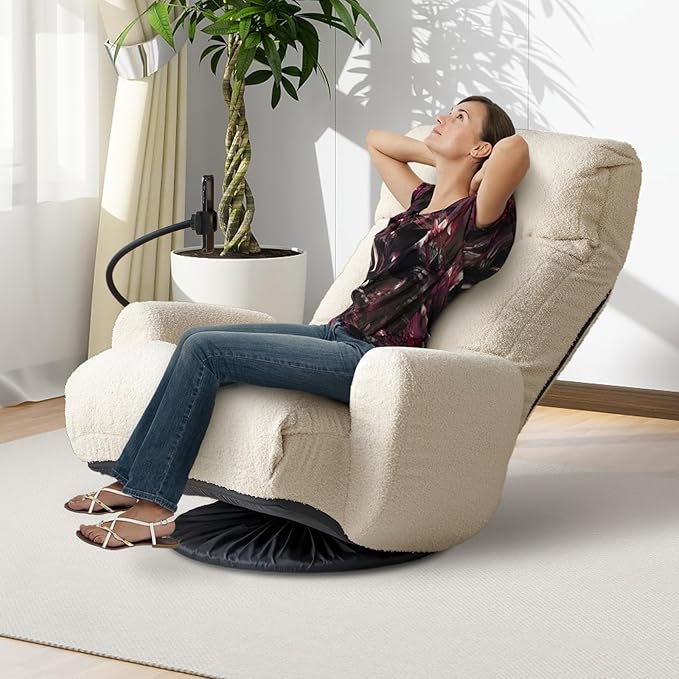 Teddy 360° Swivel Floor Gaming Sofa Chair - Beige | Adjustable Head &amp Waist Support Padded Cushion Folding Gaming Lounge Chair with Armrests &amp Phone Holder | Home Office