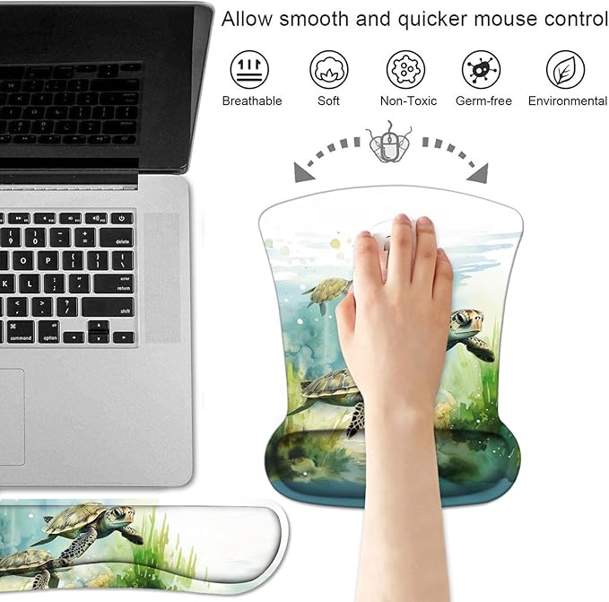 Keyboard Wrist Rest and Mouse Pad Wrist Support Set with Coasters Non-Slip PU Base Ergonomic Gaming Mousepad for Home Office Working Studying Easy Typing &amp Pain Relief Sea Turtle