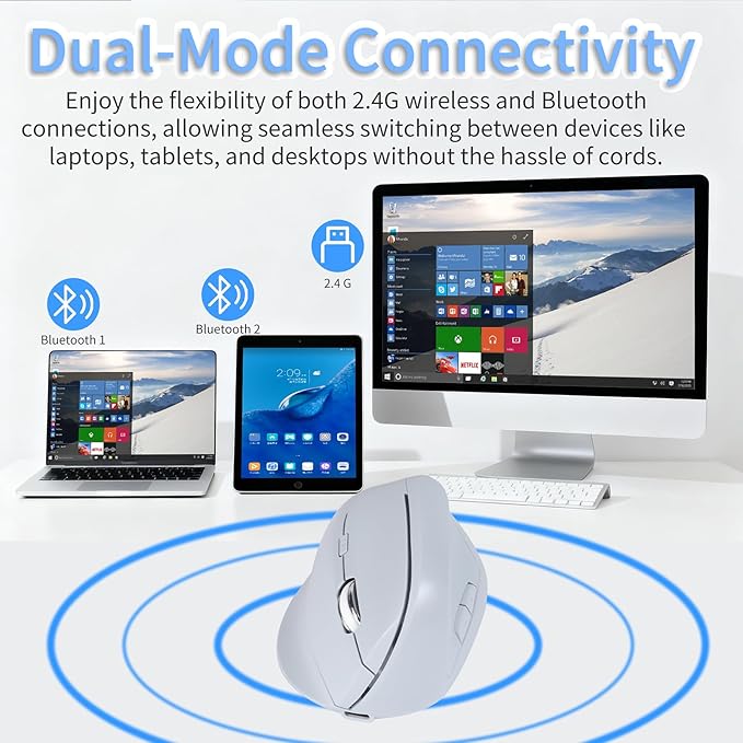 Bluetooth Wireless Vertical Mouse - Ergonomic Design Rechargeable with Type-C Silent Operation for Office and Home Use Ideal for Professionals &amp Students (Blue)