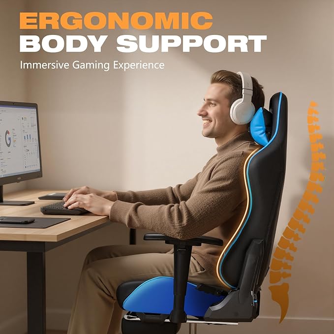 Gaming Chair with Footrest Ergonomic High-Back PU Leather Computer Chair with 3D Adjustable Armrests Headrest and Lumbar Support Office Desk Chair with Diamond Stitching for Adults &amp Teen