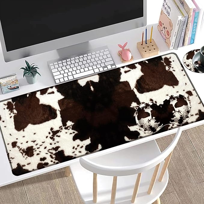 Large Gaming Mouse Pad + Mouse Wrist Rest Pad + Coaster Combination 31.5 x 11.8 Durable Non-Slip Extension Table Mat Suitable for Office and Home Cow Hide Print