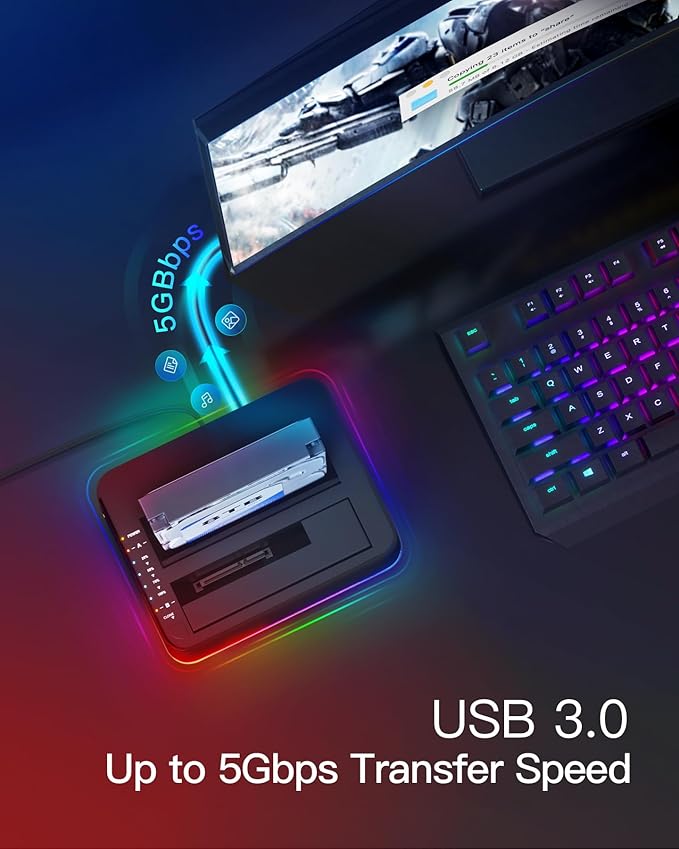 Inateck RGB USB 3.0 USB-C Port Hard Drive Docking Station with Offline Cloning for 2.5/3.5 Inch SATA HDDs and SSDs 2 x 20TB Dual Bay Docking Station UASP Supported SA02003C