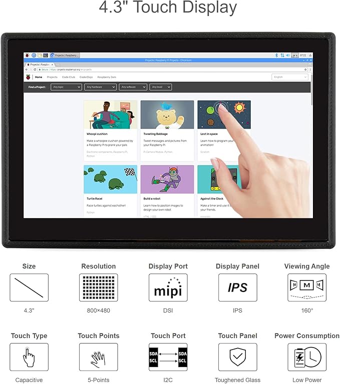 Waveshare 4.3 Inch Touch Screen DSI LCD with Case for Raspberry Pi 4B 800×480 Resolution Monitor IPS Capacitive Screen Support Raspbian/Ubuntu/Kali/Retropie/WIN10 IoT
