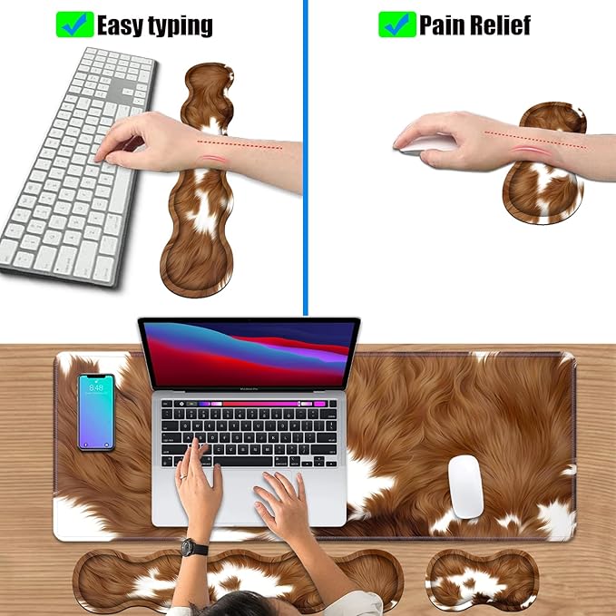 4 in 1 Ergonomic Keyboard Wrist Rest &amp Mouse Pad Wrist Rest Set Large XXL Gaming Desk Mat 31.5x 11.8 with Non-Slip Base Memory Foam for Home Office Study Gaming Brown Cow Print