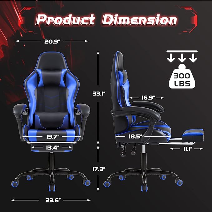 Shahoo Gaming Chair with Footrest and Massage Lumbar Support Video Game Chairs Height Adjustable Seat with Headrest for Office or Bedroom Study Room Dark Blue