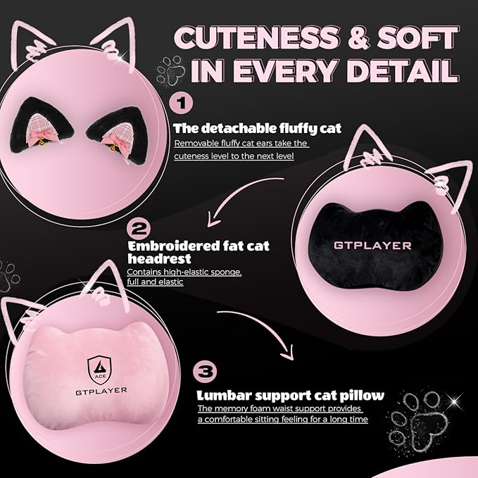 Pink Gaming Chair Cute with Cat Ears Ergonomic Computer Chair with Cat Embroidery Adjustable Memory Foam Lumbar Support and Headrest Comfortable Reclining Office Chair for Girls Teens Women