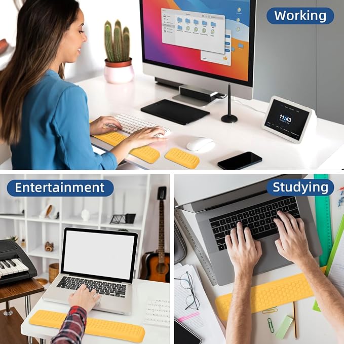 Leather Wrist Rest for Keyboard and Mouse Comfort Memory Foam Wrist Rest with Non-Slip PU Base Ergonomic Keyboard Wrist Support for Typing Pain Relief Protect Hand and Arm (Yellow)