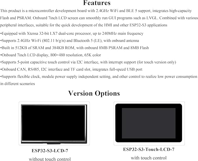 ESP32-S3 7inch Display Development Board ESP32 with 800×480 Pixel IPS LCD Screen 32-bit LX7 Dual-Core Processor Up to 240MHz Frequency Support W F&amp BLE 5 (No Touch)