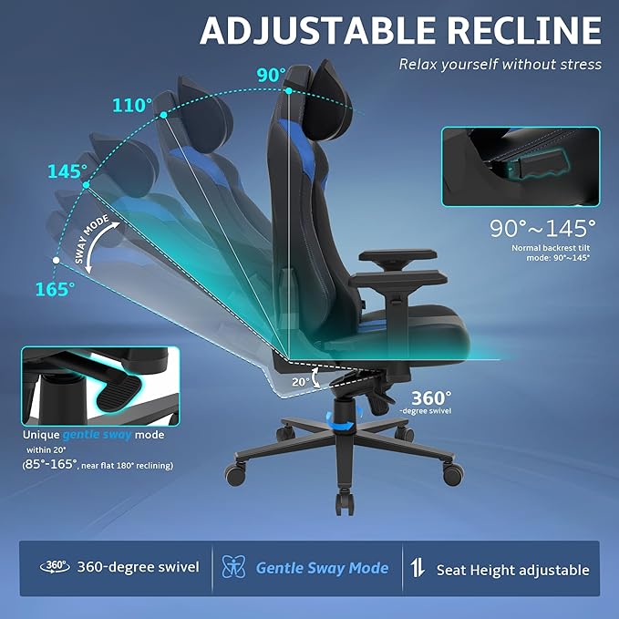 Ergonomic Gaming Chair Computer Desk Chairs 4D Armrests High Back Office Chair with Headrest &amp Lumbar Pillow Tilt Rocker Recliner Heavy-Duty Base Black PU Leather &amp Blue Suede Combo