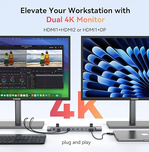 TobenONE MacBook Docking Station Dual 4K@60Hz Monitor 16-in-2 USB C Docking Station Stand with 2.5Gbps Ethernet100W GaN Power Supply 2 HDMI&ampDP 5 USB Ports