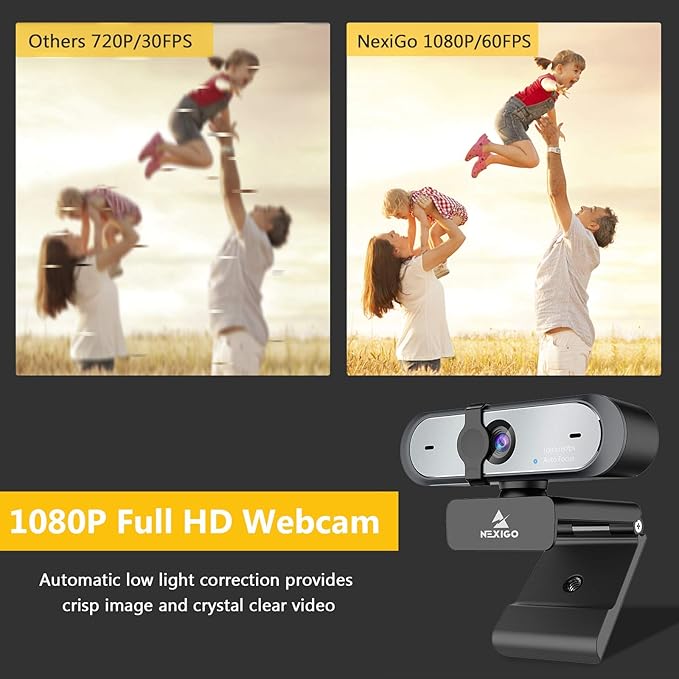 NexiGo N660P 1080P 60FPS Webcam with Software Control Dual Microphone &amp Cover Autofocus HD USB Computer Web Camera for OBS/Gaming/Zoom/Skype/FaceTime/Teams/Twitch (Renewed)