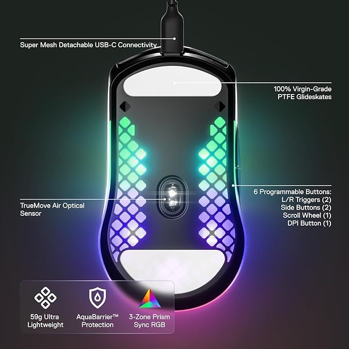 SteelSeries Aerox 3 - Holey RGB Gaming Mouse - Ultra-lightweight Water Resistant Design - 8500 DPI TrueMove Core Optical Sensor - Onyx