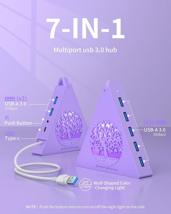 7-Port USB 3.0 Hub Light Purple Vertical USB Splitter with Tree-Inspired RGB Lights 5Gbps High-Speed Transfer 2FT Cable Compatible with MacBook PC Flash Drive Console Printer Camera