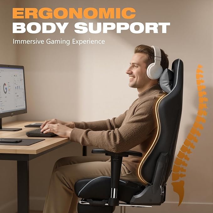 Gaming Chair with Footrest Ergonomic High-Back PU Leather Computer Chair with 3D Adjustable Armrests Headrest and Lumbar Support Office Desk Chair with Diamond Stitching for Adults &amp Teen