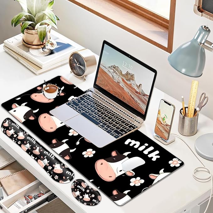 JVGFYNKL Large Gaming Mouse Pad Set Ergonomic Memory Foam Keyboard Wrist Rest Support + Mouse Wrist Rest + Extended Desk Mat with Non-Slip Rubber Base Cute Milk Cow Pattern Black Desk Pad