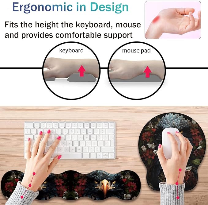 Ergonomic Keyboard Wrist Support Pad and Wrist Support Mouse Pad Anti-Slip with Gel Memory Mouse Pad Set Suitable for Office Use/Home Use - Dark Skull Flower Eagle