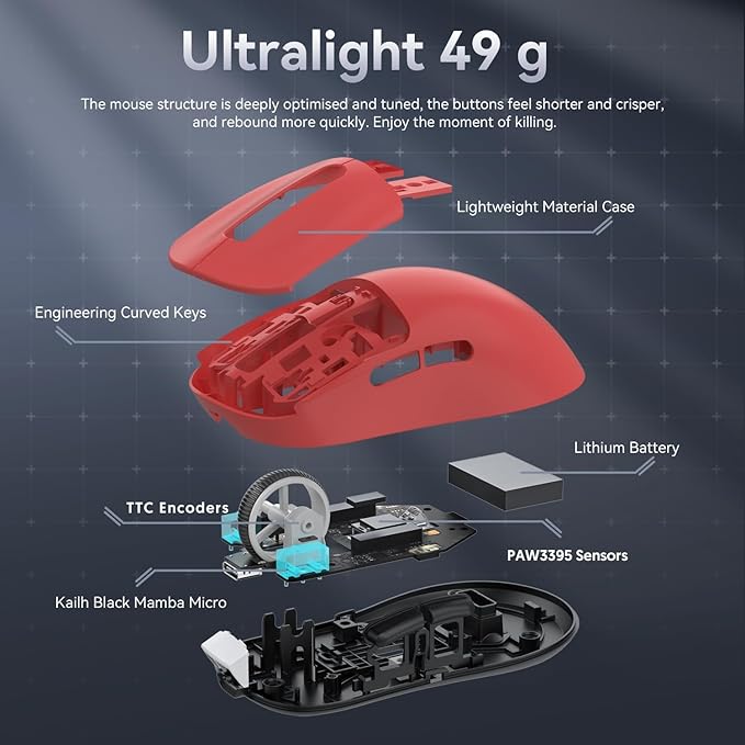 MAMBASNAKE Attack Shark X3 Wireless Gaming Mouse 49g Ultralight PixArt PAW3395 26000 DPI Bluetooth/2.4Ghz /Wired Tri-Mode 200Hrs Rechargeable Battery Kailh GM8.0 Switch for PC/MAC/Win - Red